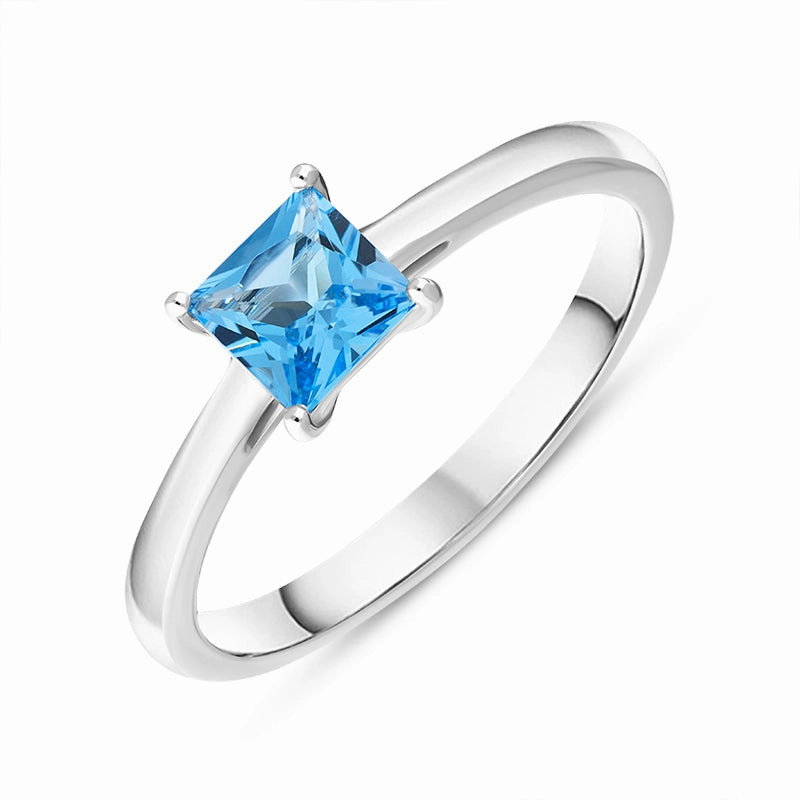 18ct White Gold Blue Topaz Square Cut Solitaire Ring