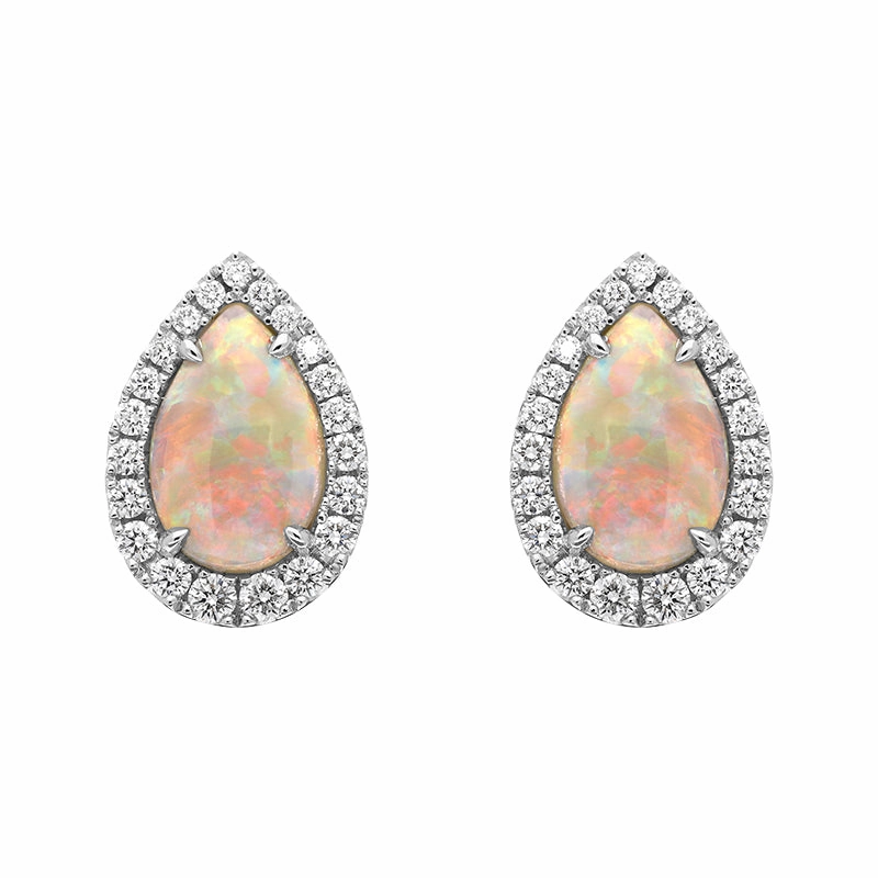 18ct White Gold Opal Diamond Pear Cut Halo Stud Earrings