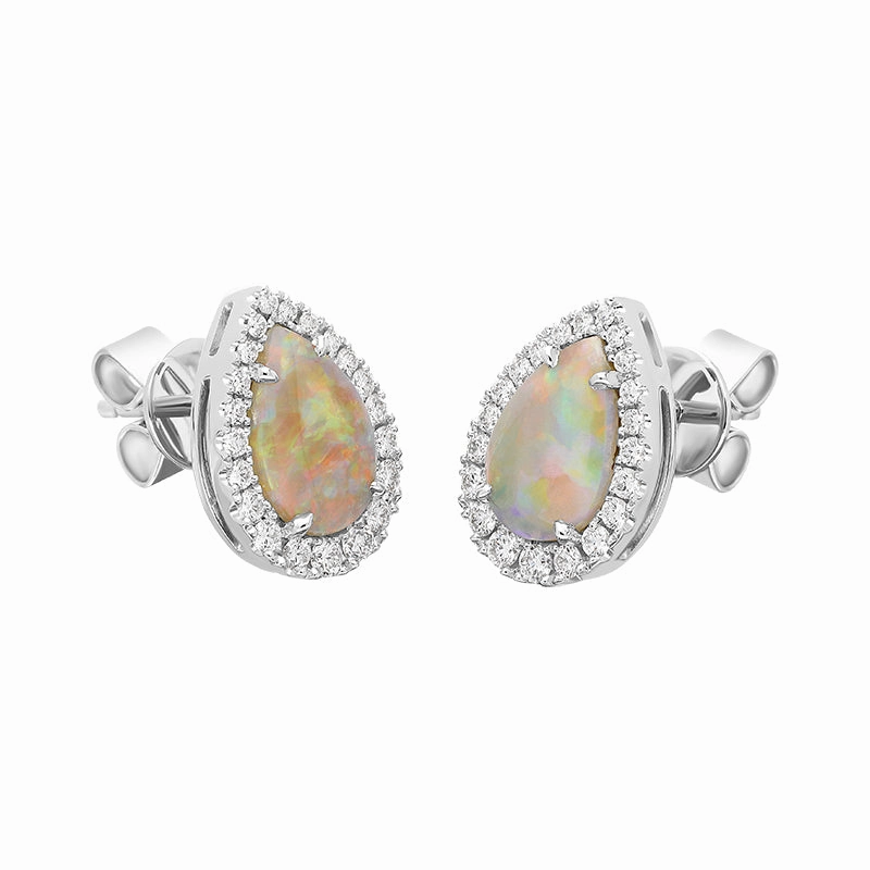 18ct White Gold Opal Diamond Pear Cut Halo Stud Earrings