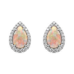 18ct White Gold Opal Diamond Pear Cut Halo Stud Earrings