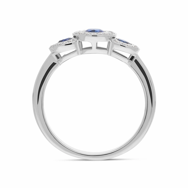 18ct White Gold Sapphire Diamond Oval Cut Three Stone Cluster Ring
