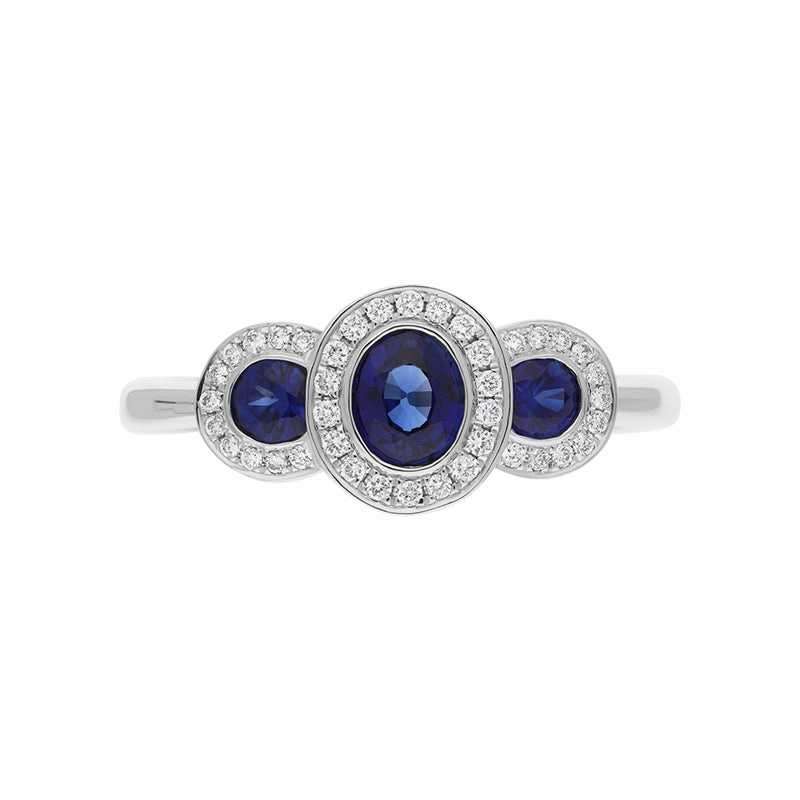 18ct White Gold Sapphire Diamond Oval Cut Three Stone Cluster Ring