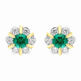 18ct White Yellow Gold 0.18ct Emerald 0.28ct Diamond Cluster Stud Earrings