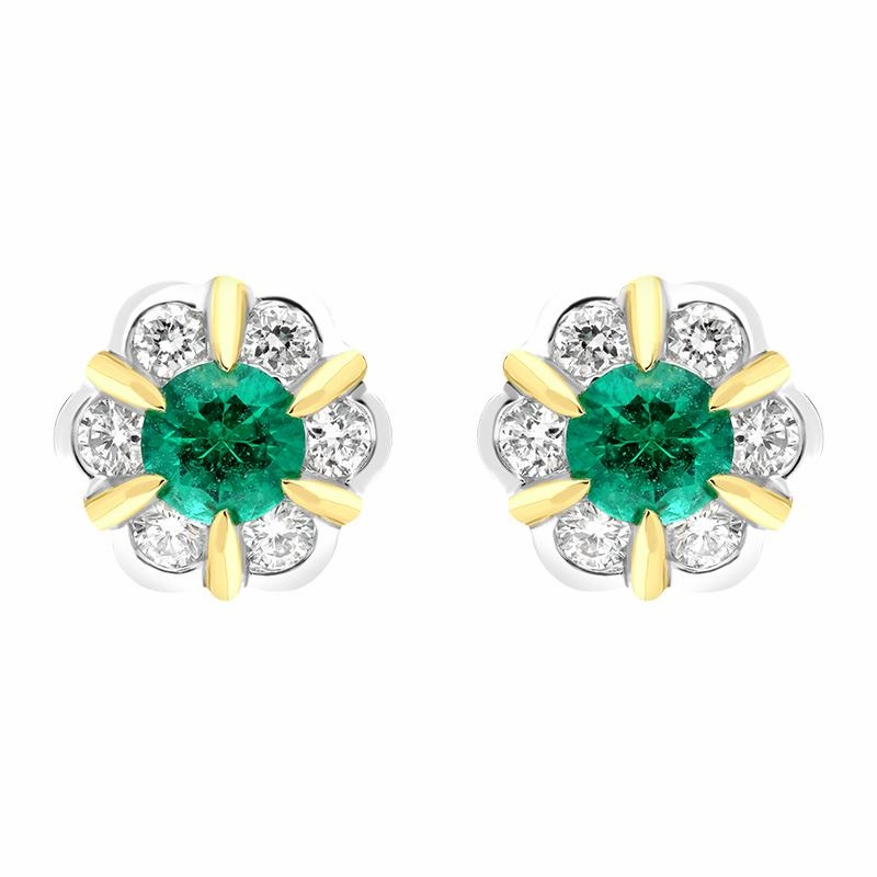 18ct White Yellow Gold 0.18ct Emerald 0.28ct Diamond Cluster Stud Earrings
