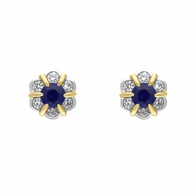 18ct Yellow and White Gold Sapphire Diamond Flower Cluster Stud Earrings