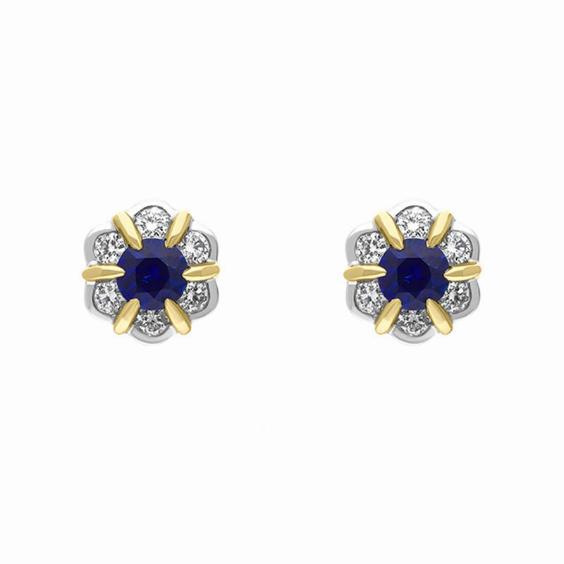 18ct Yellow and White Gold Sapphire Diamond Flower Cluster Stud Earrings