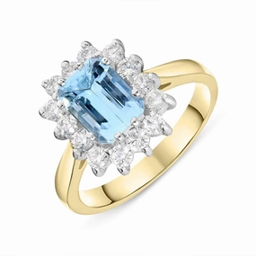 18ct Yellow Gold 1.34ct Aquamarine 0.60ct Diamond Cluster Ring