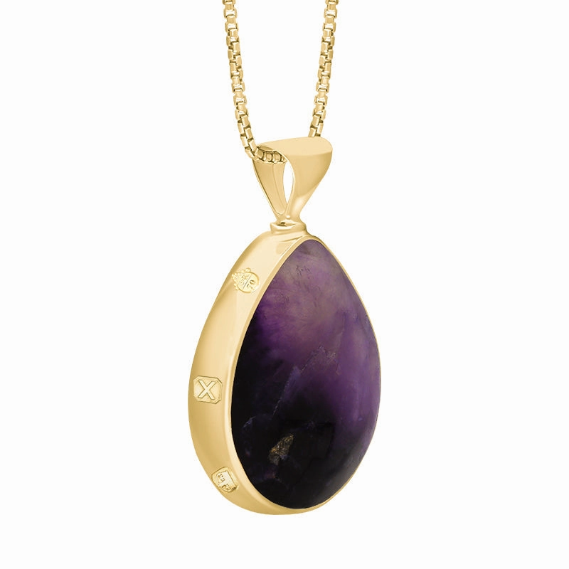 18ct Yellow Gold Blue John Mother of Pearl Queens Jubilee Hallmark Double Sided Pear-shaped Necklace D