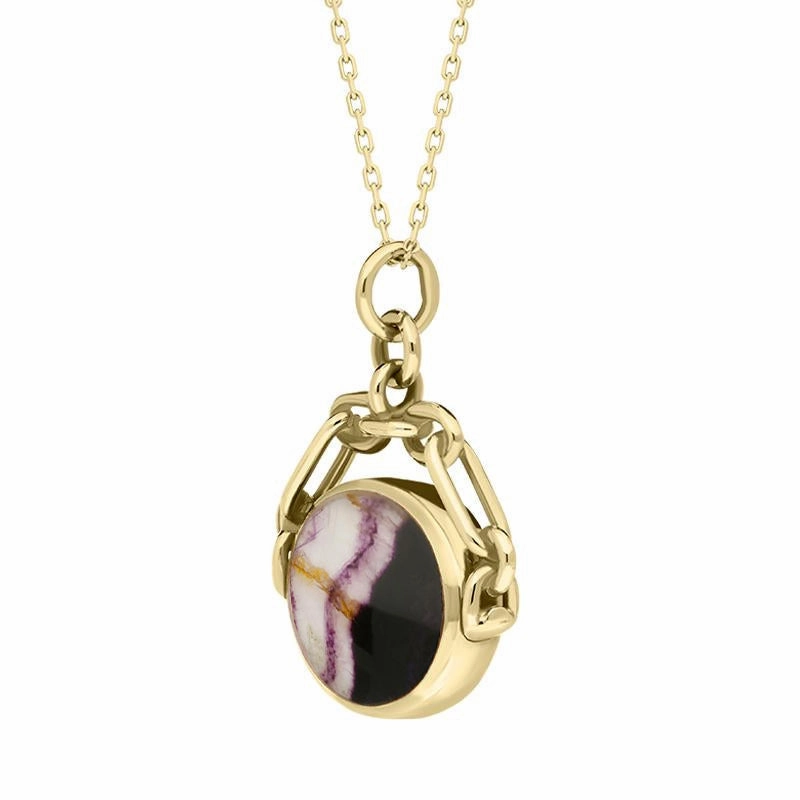 18ct Yellow Gold Blue John White Mother Of Pearl Double Sided Swivel Fob Necklace