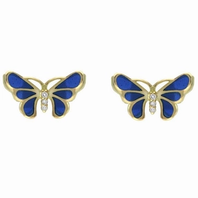18ct Yellow Gold Diamond Blue Enamel Style & Fashion Butterfly Stud Earrings