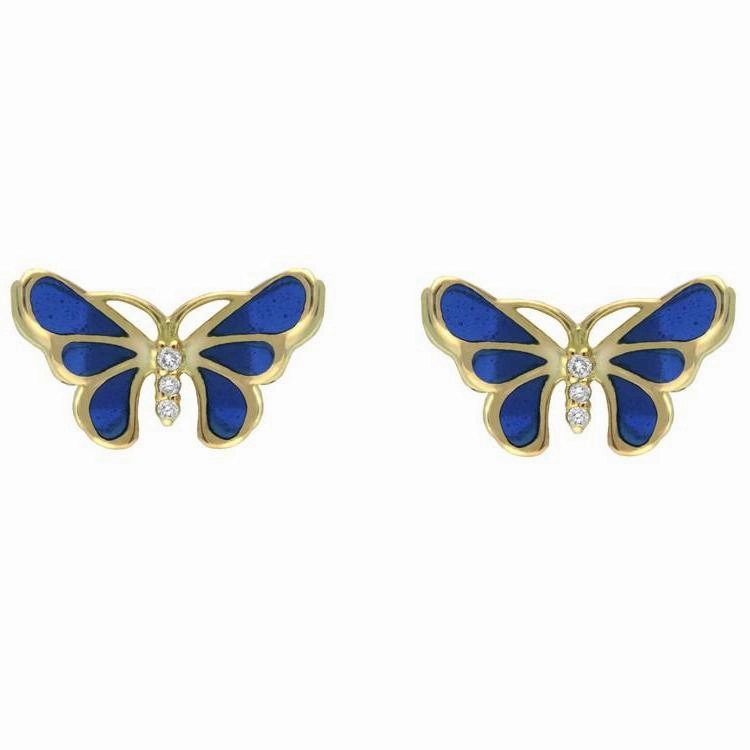 18ct Yellow Gold Diamond Blue Enamel Style & Fashion Butterfly Stud Earrings