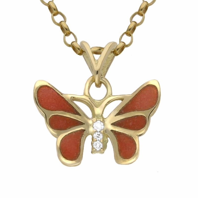 18ct Yellow Gold Diamond Red Enamel Style & Fashion Butterfly Necklace