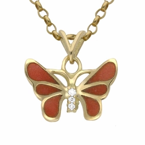 18ct Yellow Gold Diamond Red Enamel Style & Fashion Butterfly Necklace