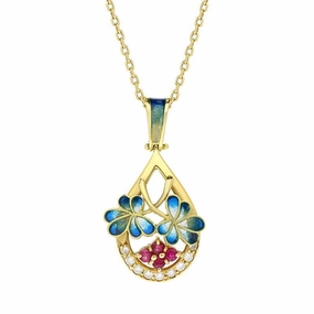 18ct Yellow Gold Diamond Ruby Enamel Flower Necklace