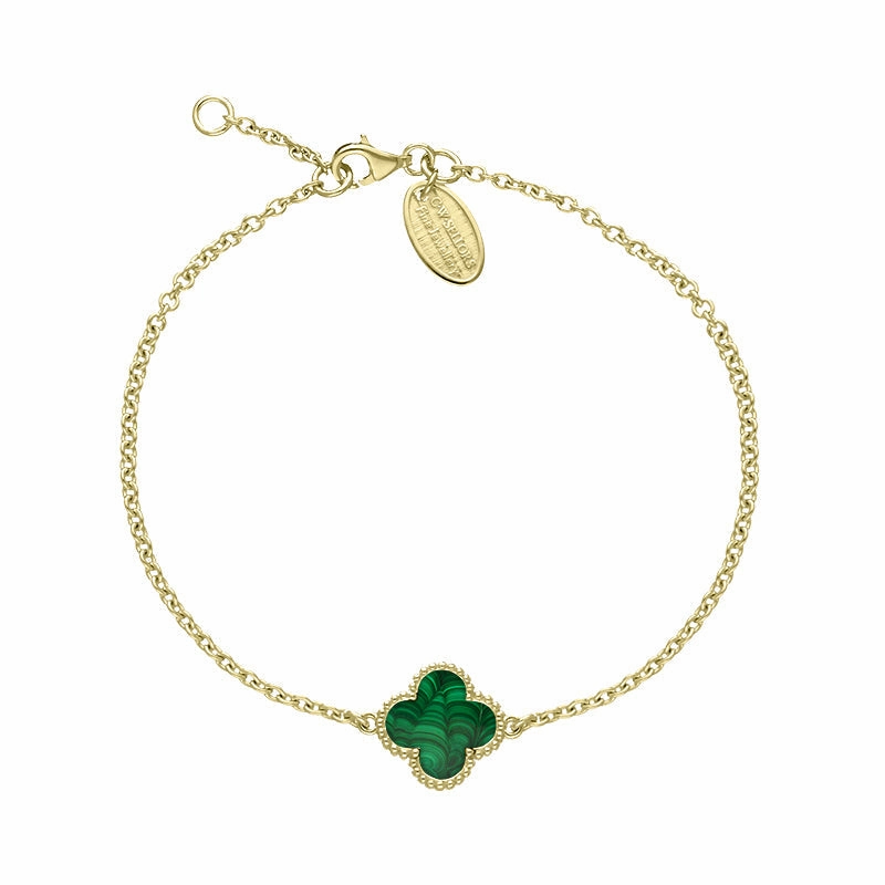 18ct Yellow Gold Malachite Bloom Four Leaf Clover Ball Edge Chain Bracelet