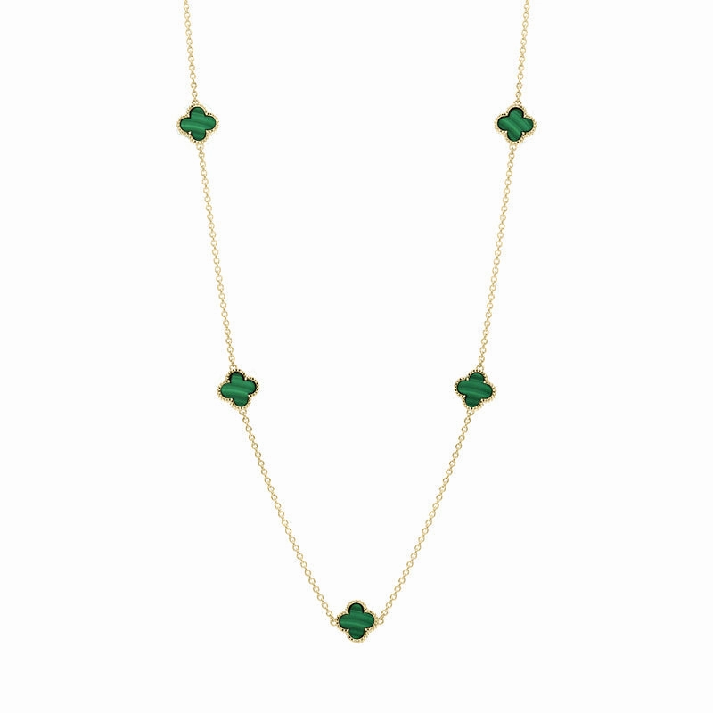 18ct Yellow Gold Malachite Bloom Four Leaf Clover Ball Edge Necklace