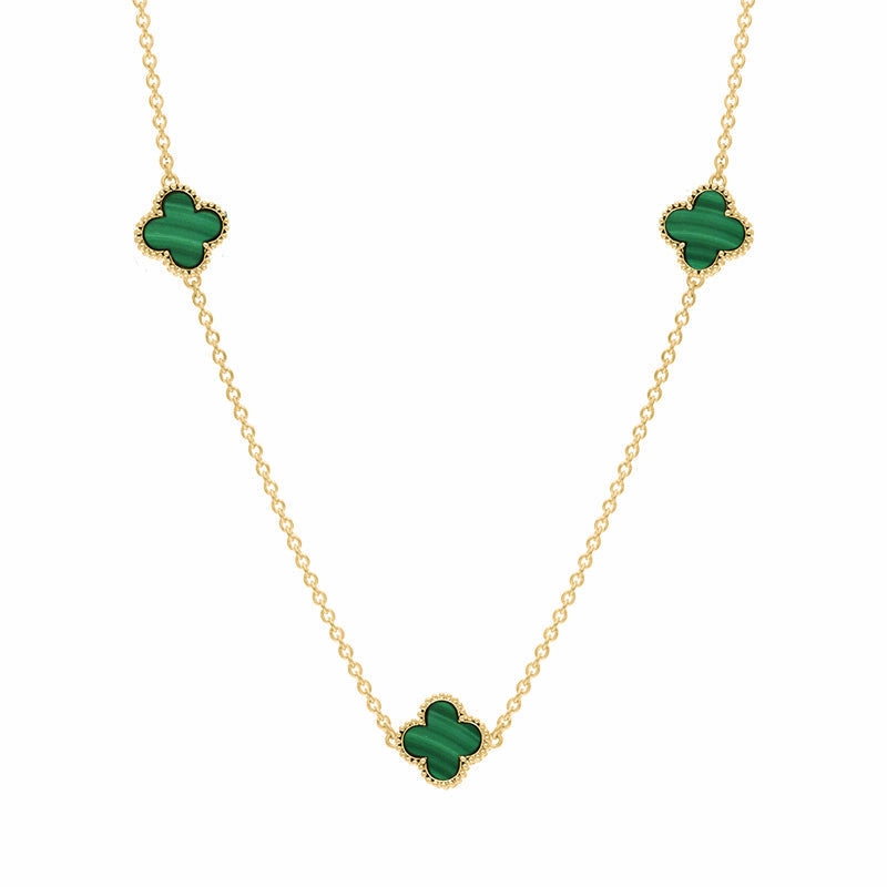 18ct Yellow Gold Malachite Bloom Four Leaf Clover Ball Edge Necklace