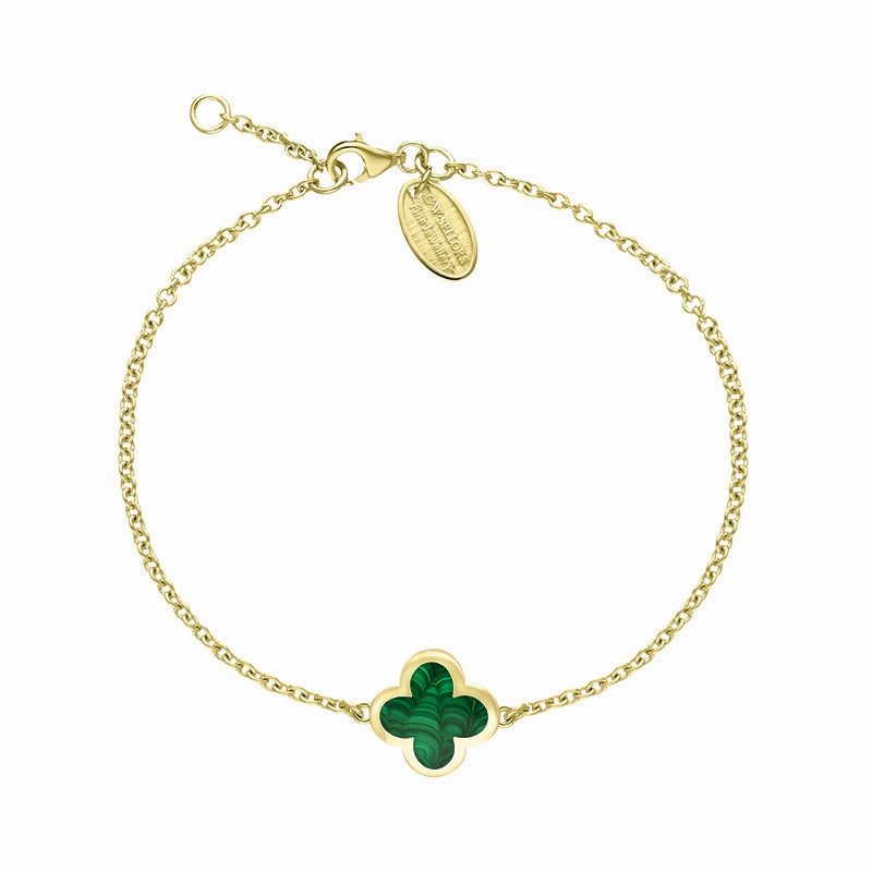 18ct Yellow Gold Malachite Bloom Four Leaf Clover Polished Edge Bracelet