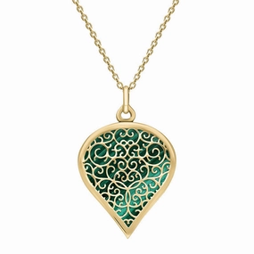 18ct Yellow Gold Malachite Flore Filigree Large Heart Necklace