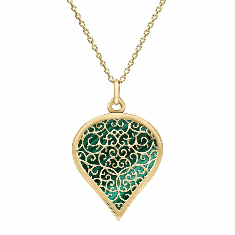 18ct Yellow Gold Malachite Flore Filigree Large Heart Necklace