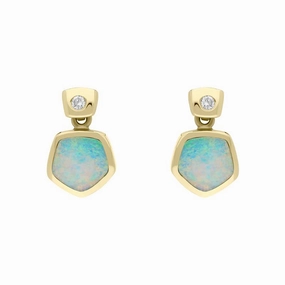 18ct Yellow Gold Opal 0.06ct Diamond Hexagon Shaped Drop Earrings