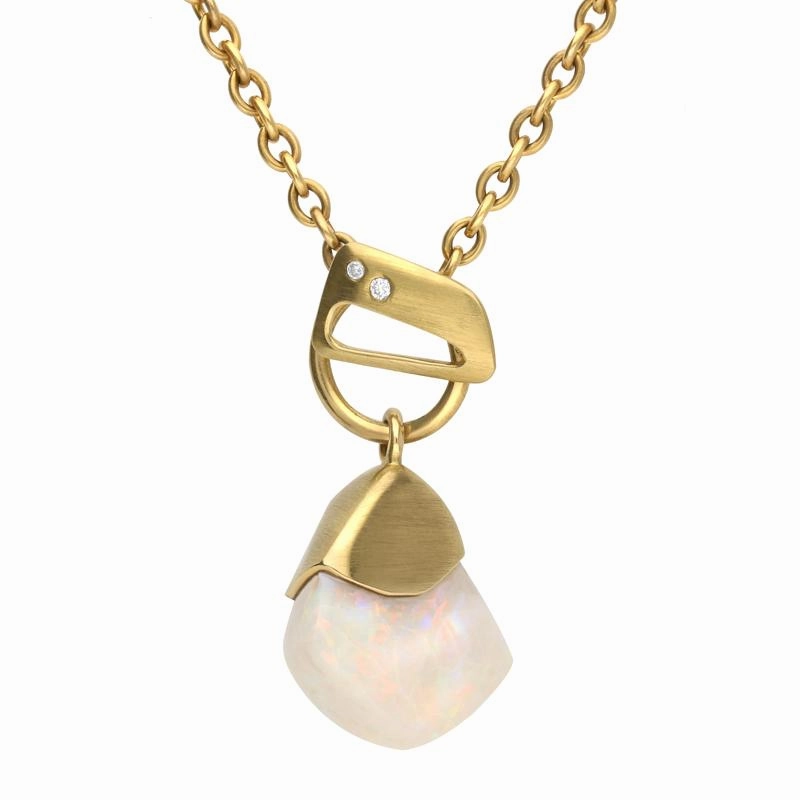 18ct Yellow Gold Opal Diamond Unique T Bar Necklace