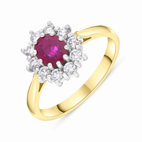 18ct Yellow Gold Ruby Diamond Oval Cut Cluster Ring