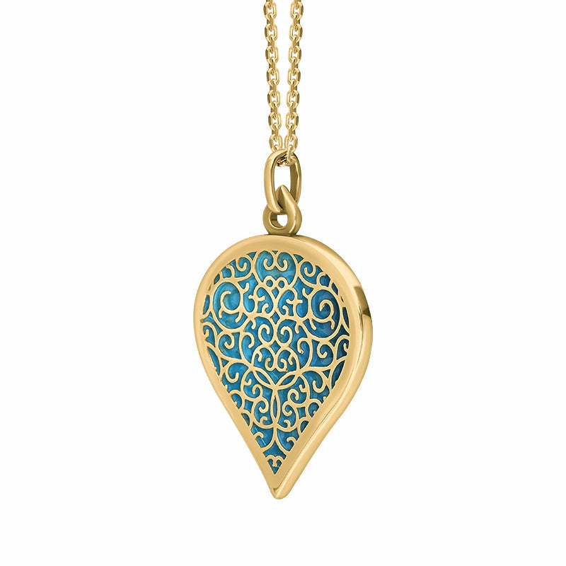 18ct Yellow Gold Turquoise Flore Filigree Large Heart Necklace