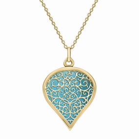 18ct Yellow Gold Turquoise Flore Filigree Large Heart Necklace