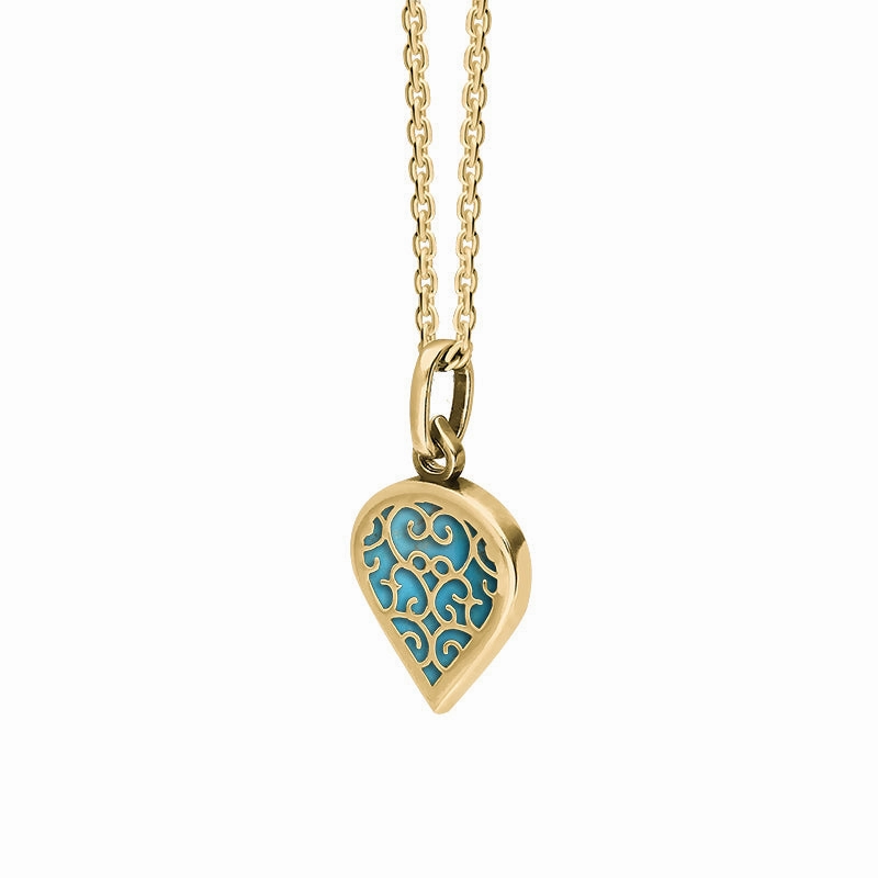 18ct Yellow Gold Turquoise Flore Filigree Small Heart Necklace