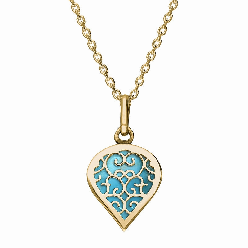 18ct Yellow Gold Turquoise Flore Filigree Small Heart Necklace