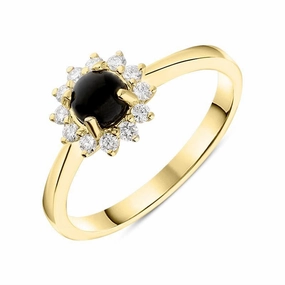 18ct Yellow Gold Whitby Jet 0.18ct Diamond Round Flower Cluster Ring