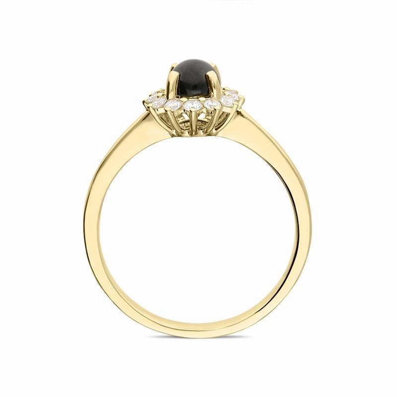 18ct Yellow Gold Whitby Jet 0.18ct Diamond Round Flower Cluster Ring