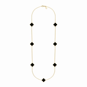 18ct Yellow Gold Whitby Jet Bloom Four Leaf Clover Ball Edge Long Necklace
