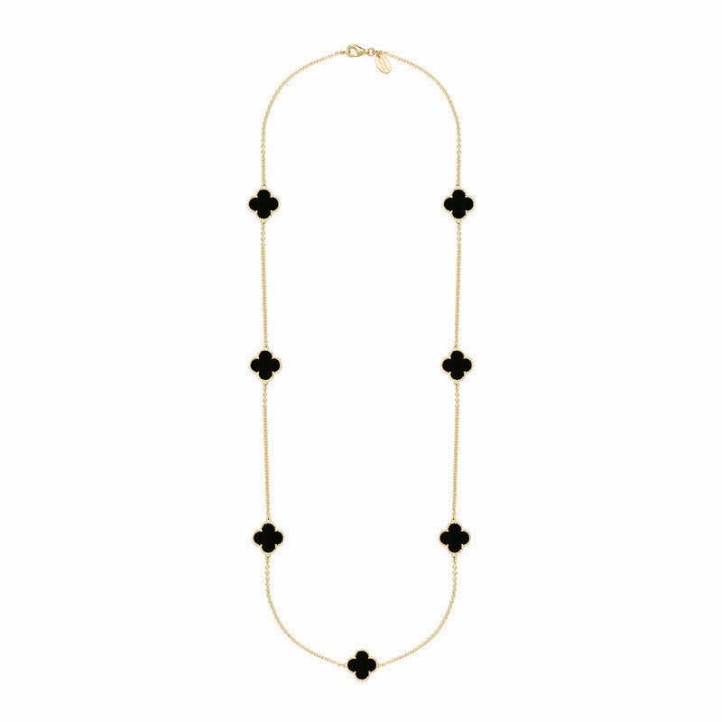 18ct Yellow Gold Whitby Jet Bloom Four Leaf Clover Ball Edge Long Necklace