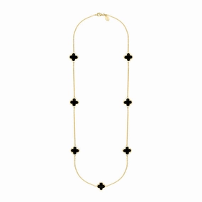 18ct Yellow Gold Whitby Jet Bloom Four Leaf Clover Long Necklace