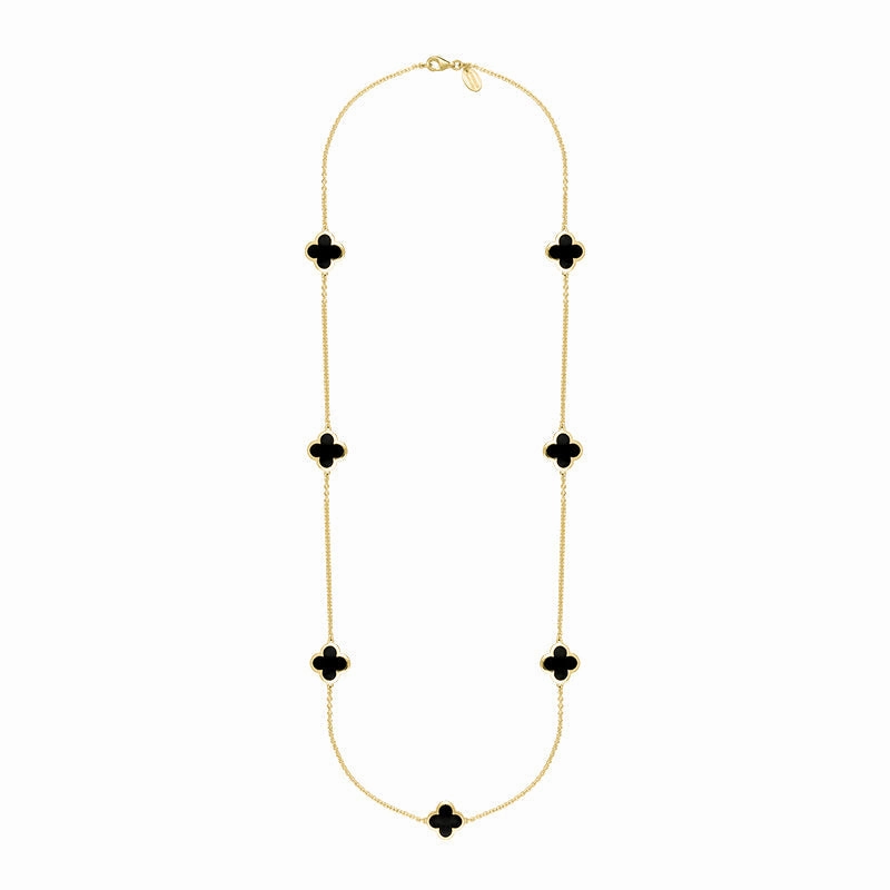 18ct Yellow Gold Whitby Jet Bloom Four Leaf Clover Long Necklace