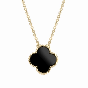 18ct Yellow Gold Whitby Jet Bloom Large Four Leaf Clover Ball Edge Chain Necklet