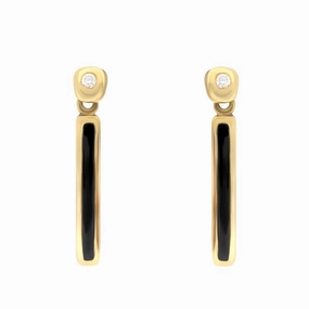 18ct Yellow Gold Whitby Jet Diamond Slim Oblong Drop Earrings D