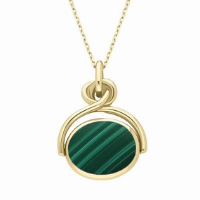 18ct Yellow Gold Whitby Jet Malachite Oval Swivel Fob Necklace