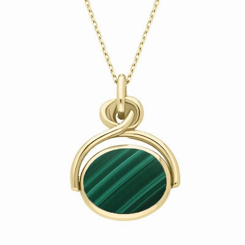 18ct Yellow Gold Whitby Jet Malachite Oval Swivel Fob Necklace
