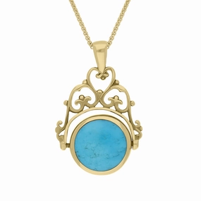 18ct Yellow Gold Whitby Jet Turquoise Double Sided Round Swivel Fob Necklace