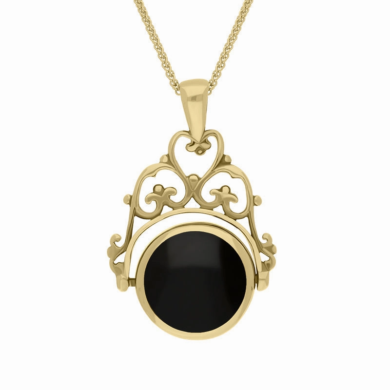 18ct Yellow Gold Whitby Jet Turquoise Double Sided Round Swivel Fob Necklace