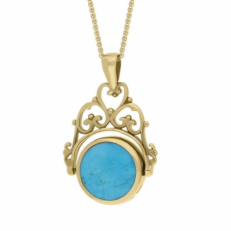 18ct Yellow Gold Whitby Jet Turquoise Double Sided Round Swivel Fob Necklace