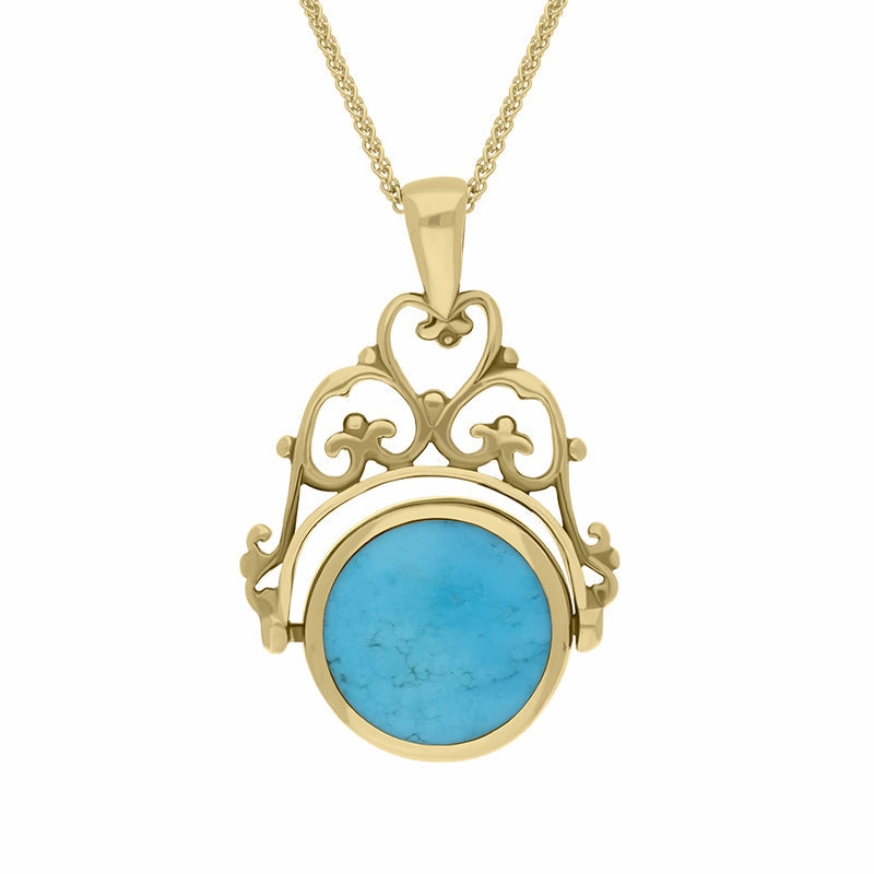 18ct Yellow Gold Whitby Jet Turquoise Double Sided Round Swivel Fob Necklace