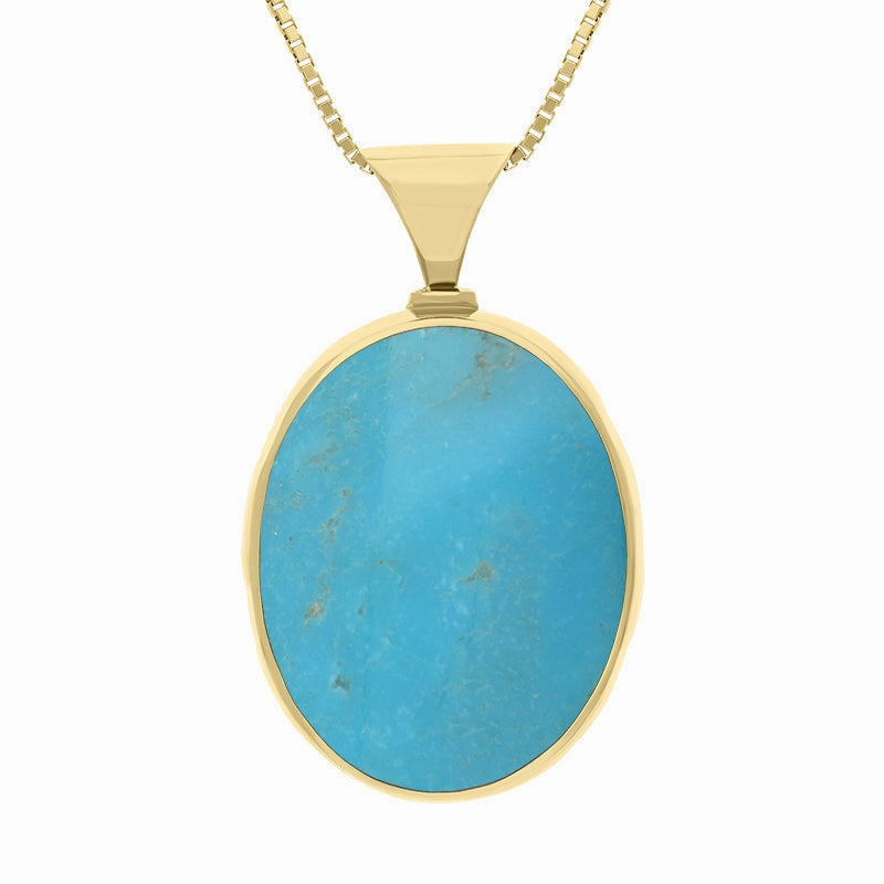 18ct Yellow Gold Whitby Jet Turquoise Queens Jubilee Hallmark Double Sided Oval Necklace D