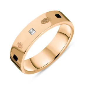 9ct Rose Gold 0.12ct Diamond Whitby Jet King's Coronation Hallmark Princess Cut 5mm Ring D