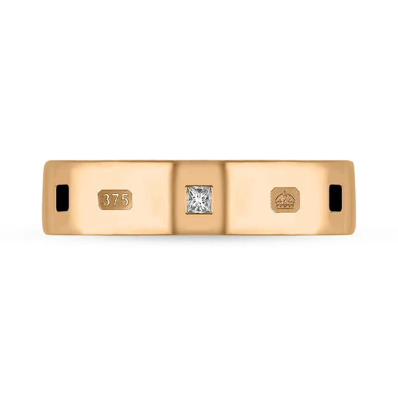 9ct Rose Gold 0.12ct Diamond Whitby Jet King's Coronation Hallmark Princess Cut 5mm Ring D