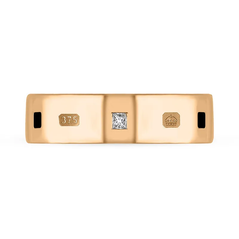 9ct Rose Gold 0.18ct Diamond Whitby Jet King's Coronation Hallmark Princess Cut 6mm Ring D