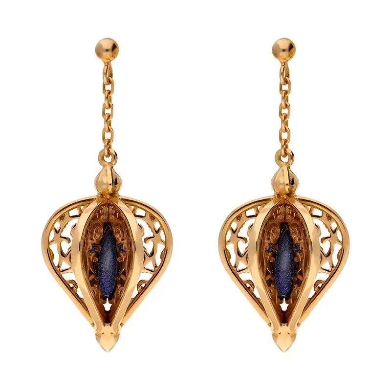 9ct Rose Gold Blue Goldstone Flore Filigree Drop Earrings
